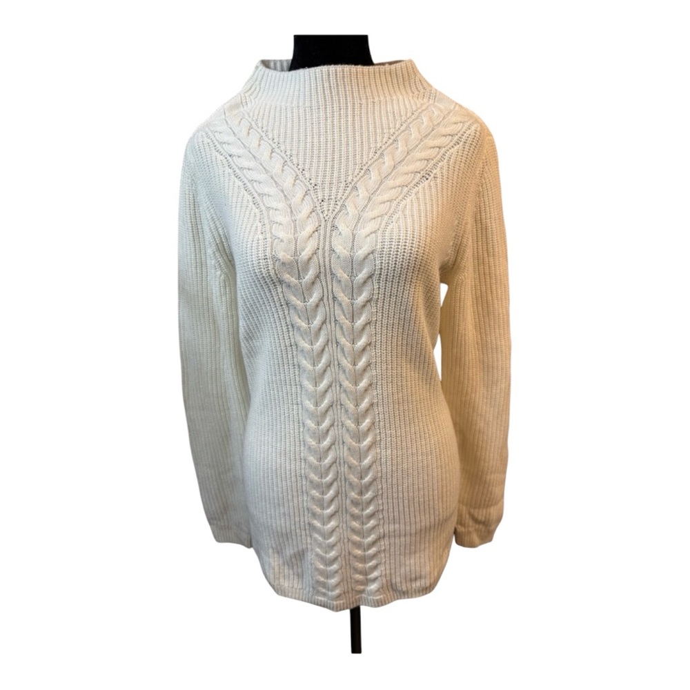 TALBOTS Women’s Ivory Lamb’s Wool Blend High Neck Cable Knit Tunic Sweater Small